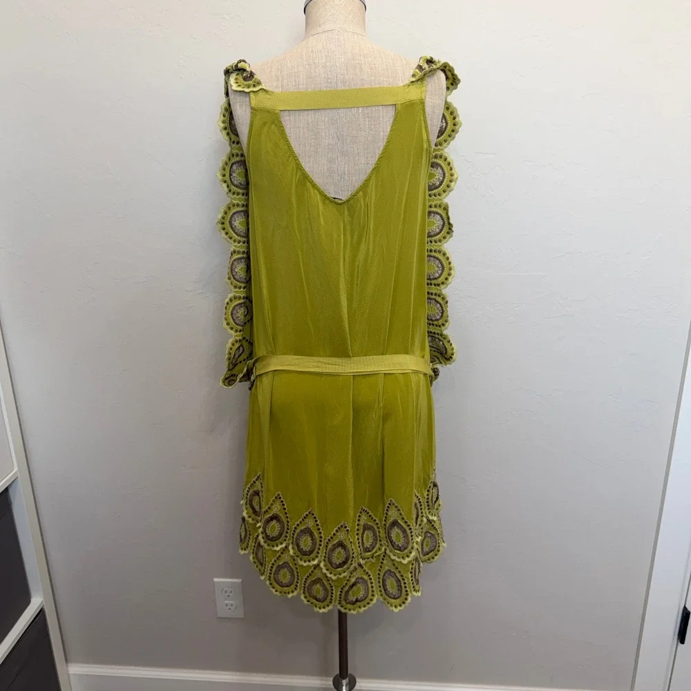 BCBGMAXAZRIA S Runway Silk Dress Chartreuse Green Embroidered Eyelet Luxury